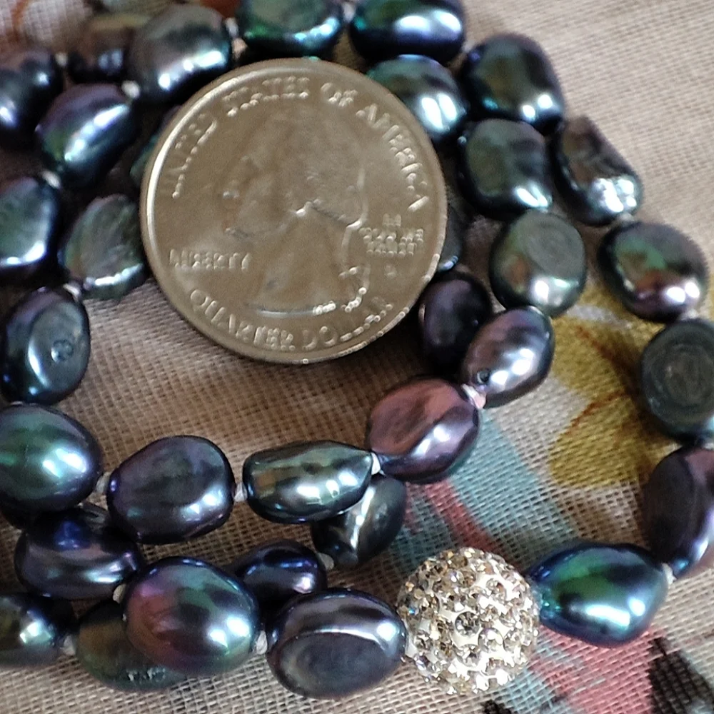Peacock Freshwater Pearl Blue Gray Green Purple Single Strand Necklace Oil Slick